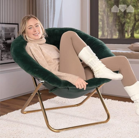 Milliard Saucer Chair For Adults, Teens & Kids, Green, Faux Fur XL Circle Chair for Bedroom, Dorm & Gaming, Foldable Comfy Accent Seat for Small Spaces, Folding Moon / Mushroom / Round Oversized Style