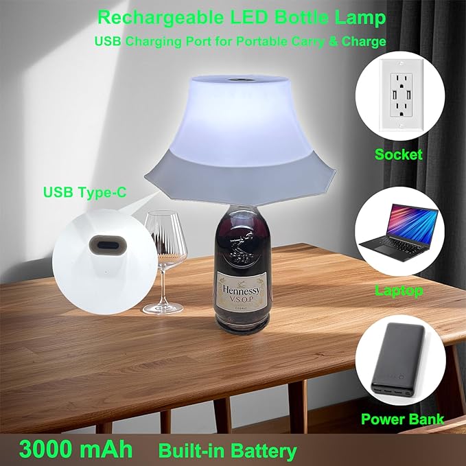 LED Wine Bottle Table Lamp, Wireless Rechargeable, Touch Control, 3 Color Modes, Adjustable Brightness, Waterproof, for Dining Room/Bedroom/Bar/Restaurant