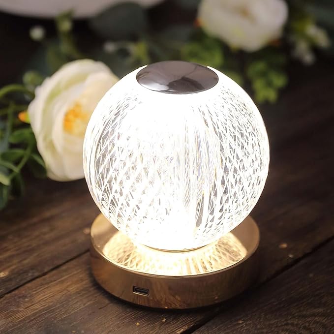 Efavormart 5" Diamond Cut Crystal Ball Dimmable LED Table Lamp with Touch Control, Cordless Rechargeable Decorative Night Light