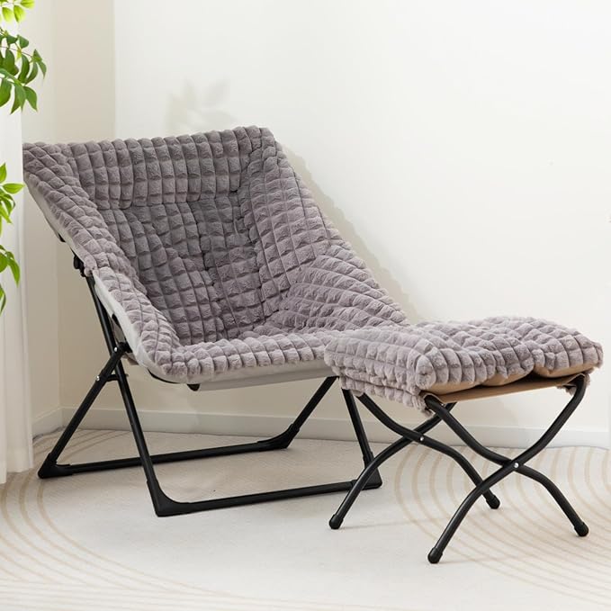 HollyHOME X-Large Saucer Chair with Foldable Ottoman, Comfy Oversized Folding Chair and Folding Footrest Stool Set, Faux-Fur Reading Chair and Footstool for Living Room, Blue&Grey Chair&Stool
