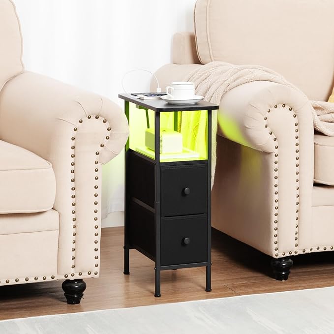 Narrow Nightstand with Charging Station, End Tables Living Room Set of 2, Skinny Side Table with Fabric Drawers, Small Sofa Table with LED Light for Bedroom, Black, HETNDP02LBK