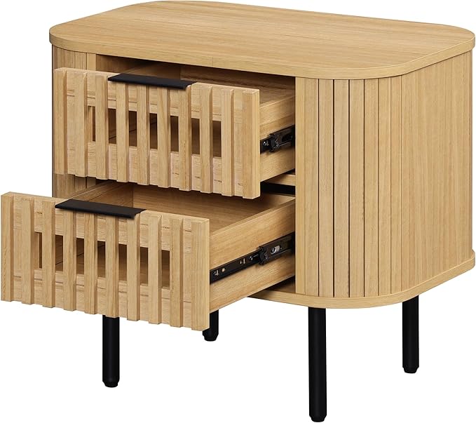 WAMPAT Set of 2 Fluted Nightstands, Modern Wooden End Tables with Drawer, Storage Bedside Table for Bedroom and Living Room, Oak