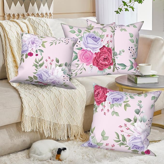 Purple Floral Throw Pillow Covers 20"x20" Set of 4, Spring Countryside Flowers Couch Pillowcases Decorative Square Cushion Covers for Chair Sofa Bed Living Room Garden Car Indoor Outdoor