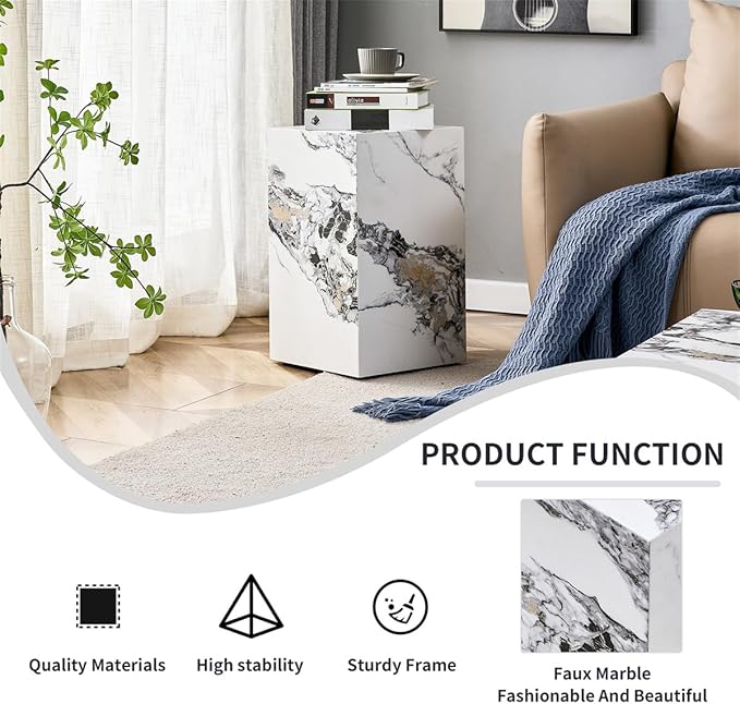 End Table, Side Table Living Room Table, Faux Marble Sofa Couch White Bedside Nightstand for Small Space