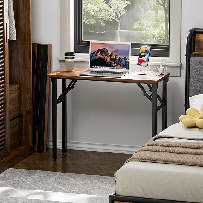 TEMI Small Computer Desk Folding Table - No Assembly, Compact 35.8" Foldable Desk with Power Outlets & USB Charging Port, Portable Small Office Desk, Ideal Mini Study Table for Narrow Spaces, Walunt