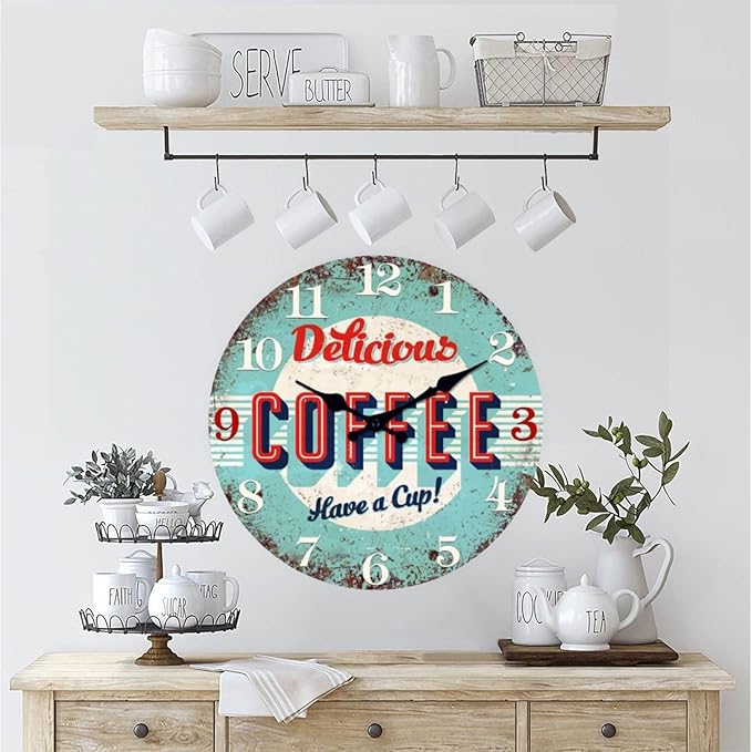 XFM Kitchen Wall Clock 16 inch Blue Coffee Sign Wall Clocks Battery Operated Silent Non Ticking Rustic Wood Clock for Dining Room Bar Cafes Bedroom