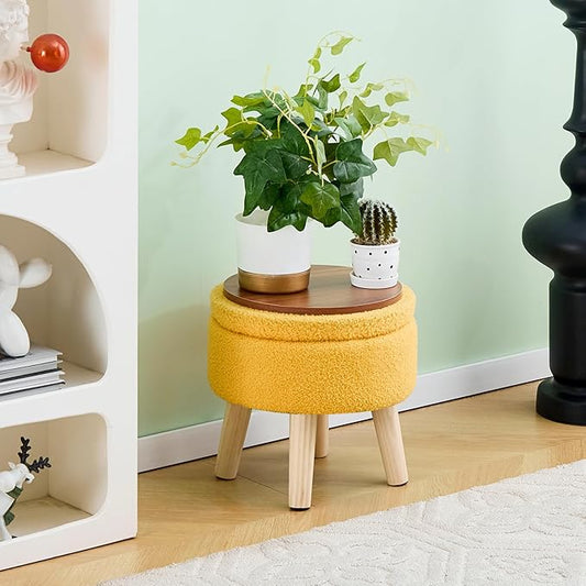 Mxfurhawa Versatile Storage Ottoman, Round Footstool with Soft Padded Seat, Small End Table with 4 Wood Legs, Teddy Velvet Foot Rest for Couch,Shoe Changing Stool for Living Room (Yellow)