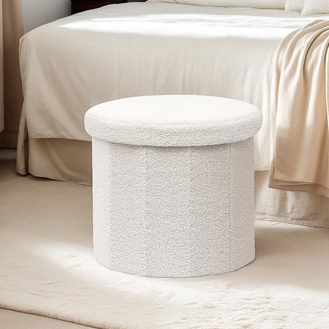 15 Inchs Round Storage Ottoman, Small Foldable Foot Stool with Hidden Storage for Living Room, Bedroom-White