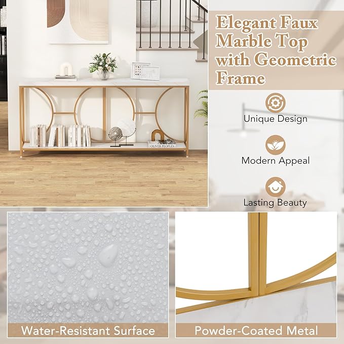 Giantex 71" Console Table, 2-Tier Extra-Long Gold Entryway Table w/Storage Shelf, Faux Marble Top, Narrow Sofa Table with Geometric Frame, Behind Couch Entry Table for Living Room, Hallway, Foyer