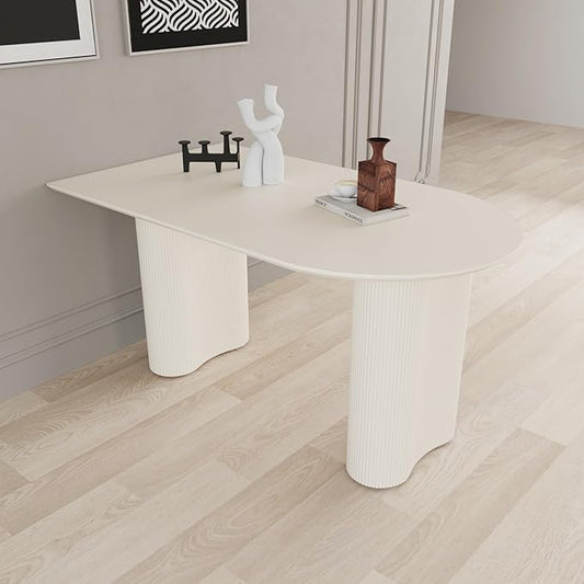 63'' Dining Table, Cream White Modern Kitchen Table, Oval Dining Room Table and Chairs Set of 4-6, Indoor Dining Table for Kitchen, Bar, Living Room, Breakfast Nook