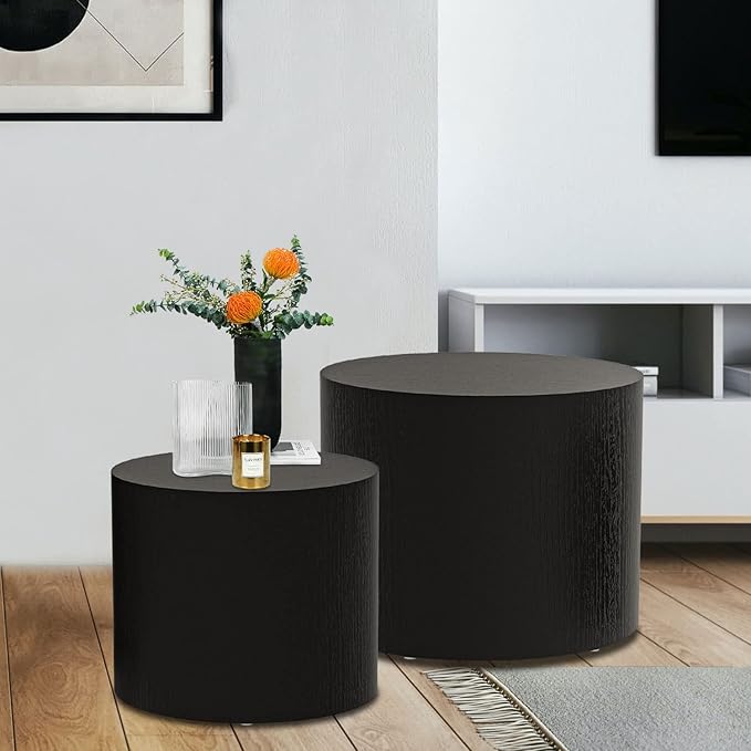 Kevinplus Round Nesting Coffee End Tables Set of 2, Small Space Living Room/Office, No Assembly (Matte Black)