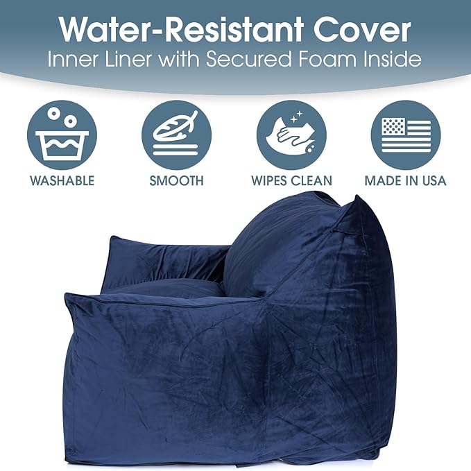 Foamma Large Bean Bag Chair for Adults, Navy Blue – Single-Person Bean Bag Chair with Armrests, High-Density Foam, Cozy and Plush Reading Seat, Ideal for Bedroom and Relaxation