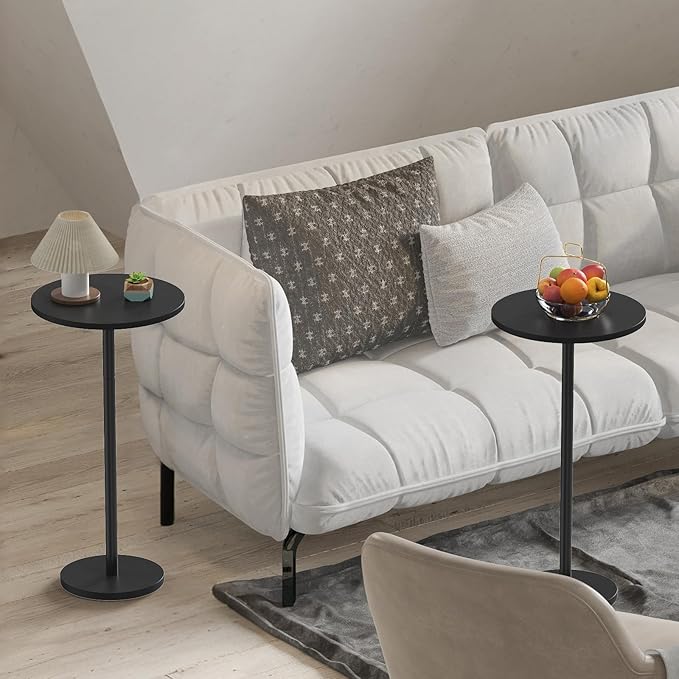 Round Small Side Table Set of 2, Drink Tables for Small Spaces Pedestal Side Table Black for Sofa, Circle End Tables for Living Room, Bedroom and Balconty