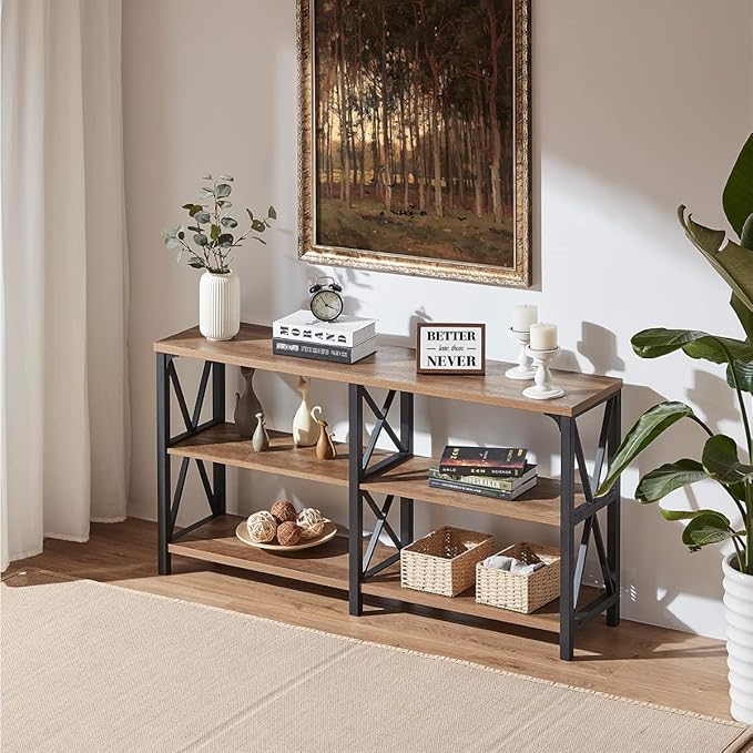 IBF Rustic Console Table, Industrial Wood and Metal Sofa Table, Hallway Entry Table for Home Living Room, Long Horizontal Bookshelf Entryway Table with Retro Vintage Storage Shelf, Rustic Oak, 47 Inch