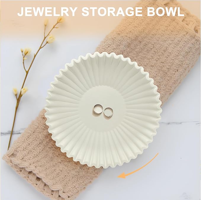Beige Small Decorative Bowl - Stylish Key and Purse Bowls for Entryway Table - Resin Candy Plate - Modern Accent Bowl for Home Decor - Ruffle Coffee Table Centerpiece