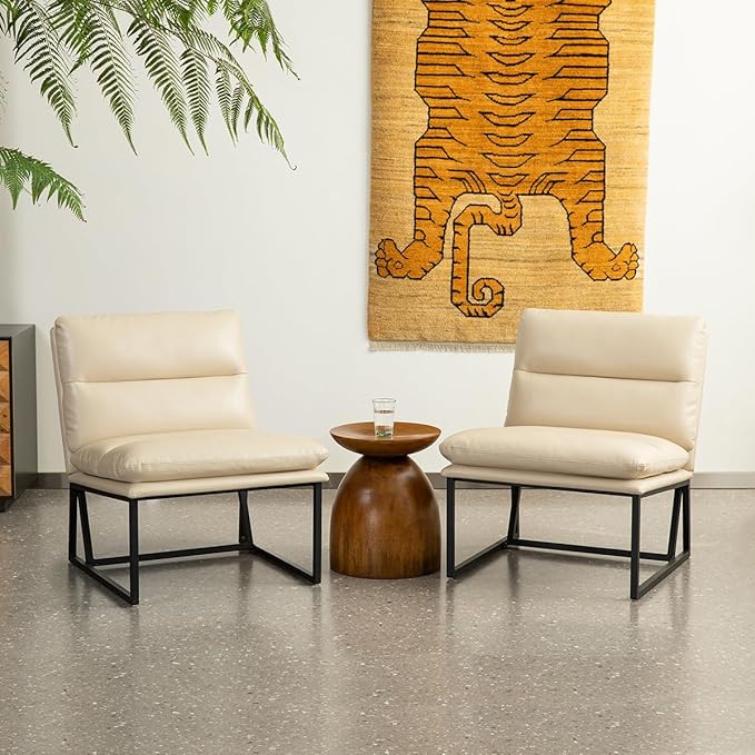 Glitzhome Mid Century Modern Accent Chairs, Set of 2 Beige Thick Leatherette Leisure Chairs with Metal Frame, Upholstered Chairs for Living Room, Bedroom, Home Office