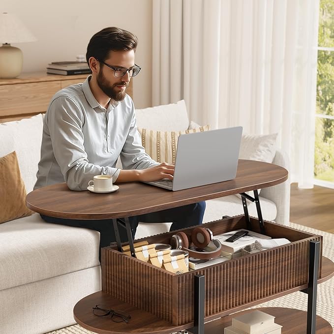 FABATO 41.7" Oval Lift Top Coffee Table, Fluted Wood Center Table with Hidden Storage, 3 Tier Oblong Tables with Curved Edge, Modern Elliptical Coffee Table for Living Room Reception Room, Walnut
