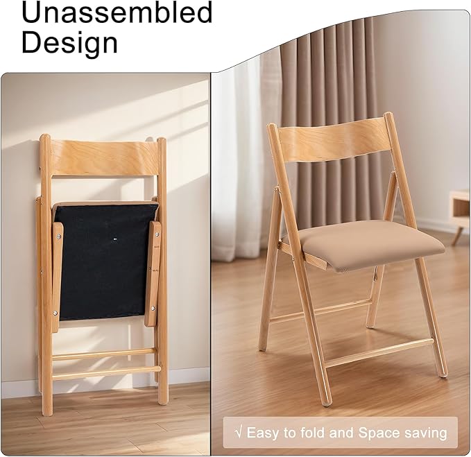 Folding Chairs Set of 4, Wooden Foldable Dining Chairs with Faux Leather Cushion 4-Pack Portable and Stackable Chairs for Dining Kitchen Office Wedding Picnic(Khaki,4Pack)