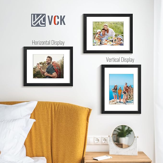 VCK 11x14 Picture Frame Set of 2 - Black, Textured Exclusive Wooden Frames with HD Glass, Display Photo 8x10 with Mat or 11x14 Without Mat