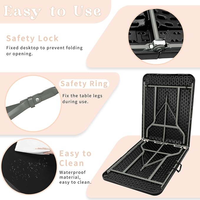 Folding Table 5FT Camping Table Portable Heavy Duty Plastic Rectangular Outdoor Dining Table Steel Legs Fold-in-Half with Carrying Handle for Indoor,Picnic,Party,Wedding,Events(Black)