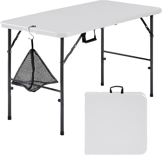 VECELO Folding Table 4 Foot with Mesh Bag, Indoor Outdoor Heavy-Duty Portable w/Handle,Fold-in-Half for Picnic, Party, Camping, White