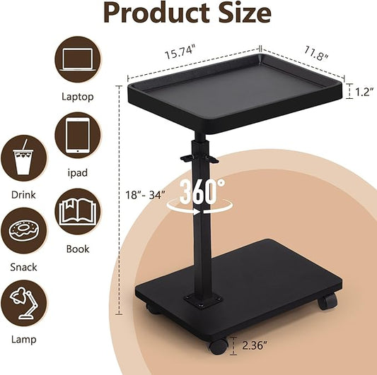 Aoligrace C Shaped End Table Adjustable Height, 360° Swivel Side Table with Wheels, Small TV Tray C Table for Living Room Bedroom, Couch Tables That Slide Under for Sofa Bed Chair