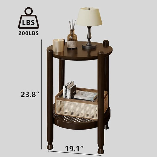 NSdirect Round End Table for Living Room, 2-Tier Rustic Wood Center Table for Home Decor with Boho Woven Rattan Storage Shelf | Modern Farmhouse Design, Easy Assembly, Black Brown