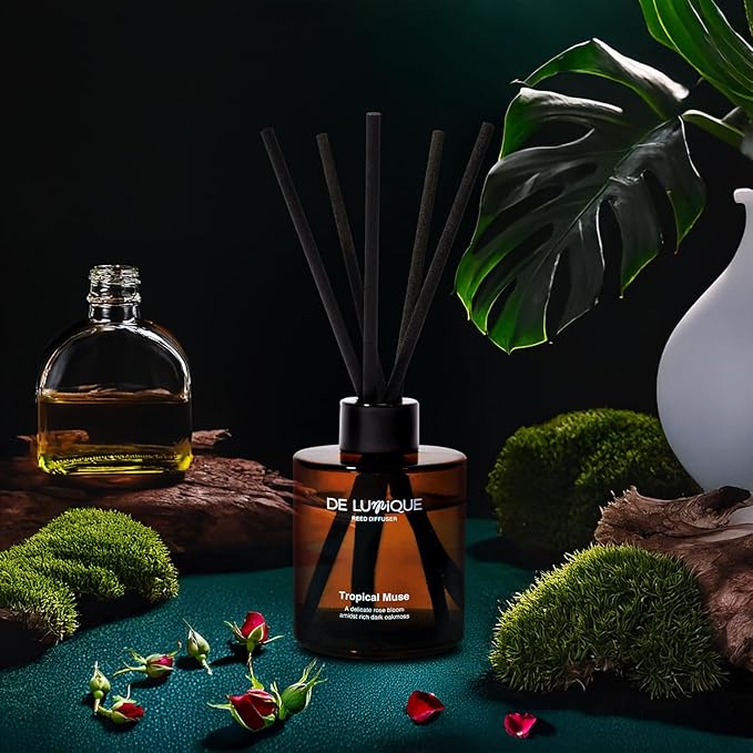 Reed Diffuser for Bathroom – Bathroom Diffuser with Sticks – Long Lasting Aroma with Essential Oils – Tropical Muse Scent with Rose, Oakmoss & Peony – 150ml