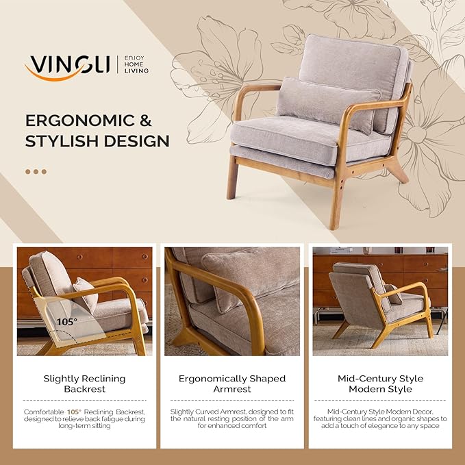 VINGLI Chenille Mid-Century Modern Accent Chair Set of 2, Cute Reading Arm Chair with Cushion & Lumbar Pillow & Solid Wood Frame for Lounge, Living Room, Reading Room, Bedroom, Light Khaki