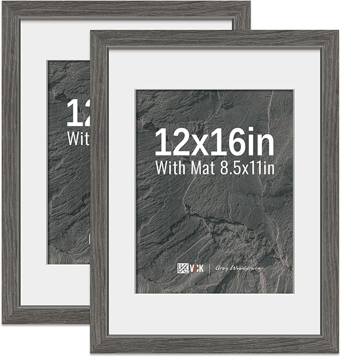 VCK 12x16 Picture Frame 2 Pack - Grey, High-End Wood Poster Frames with Tempered Glass, Display 8.5x11 Photo with Mat or 12x16 without Mat, Art Gallery-Quality, Wall Hanging, Grey