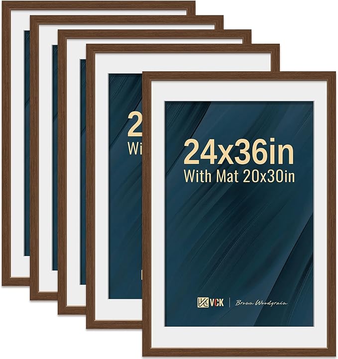 VCK 24x36 Poster Frame 5 Pack - Brown, High-End Wood Picture Frames with Polished Plexiglass, Display 20x30 Photo with Mat or 24x36 without Mat, Art Gallery-Quality, Wall Hanging, Brown