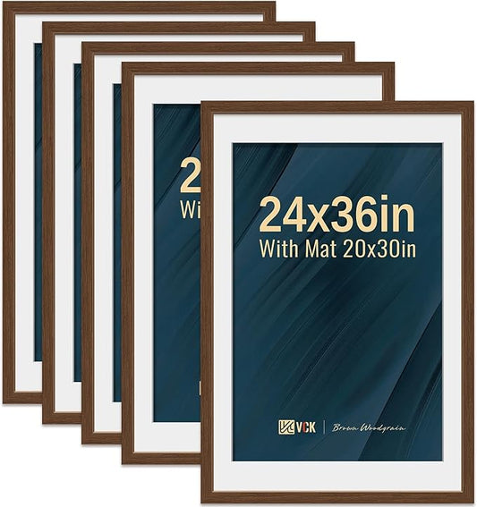 VCK 24x36 Poster Frame 5 Pack - Brown, High-End Wood Picture Frames with Polished Plexiglass, Display 20x30 Photo with Mat or 24x36 without Mat, Art Gallery-Quality, Wall Hanging, Brown