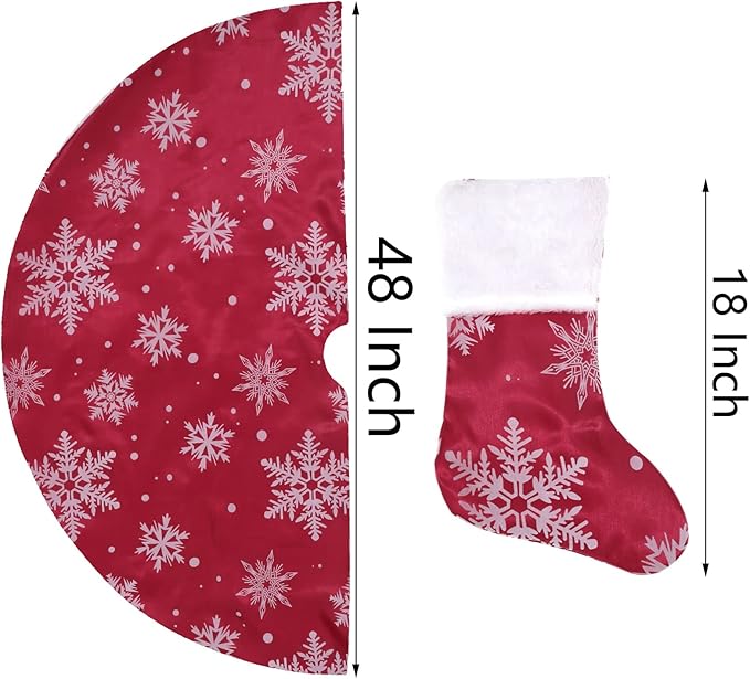 Flash World 36 Inch Large Christmas Tree Skirt Xmas Soft Cover Mat Decor Snowflake Collar Farmhouse Tree Skirt for Holiday Ornaments Party Home Indoor Decorations (Flocking Red, 48INCH)