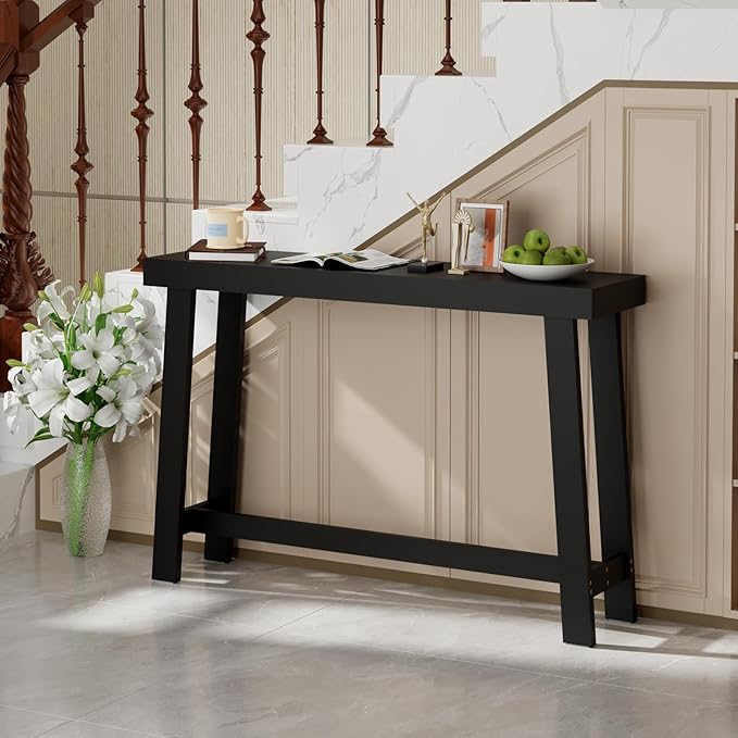 Bamboo 47.2" Narrow Console Table, Wood Farmhouse Side Table, Rectangular Entryway Table, Modern Sofa Table Behind Couch with Storage Shelves for Entrance, Living Room, Hallway, Foyer (Black