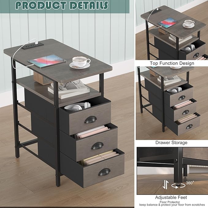 End Table with Charging Station,LED Side Tables with USB Ports and Outlets,Narrow Nightstands Bedside Tables with 3 Drawers for Small Space,Slim Sofa Table for Livingroom,Grey