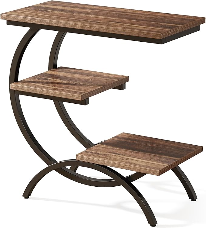 Tribesigns C-Shaped End Table, Industrial 3-Tier Small Side Table for Couch, Wood Bedside Table Snack Side Table with Storage Shelves for Living Room Small Space, Rustic Brown