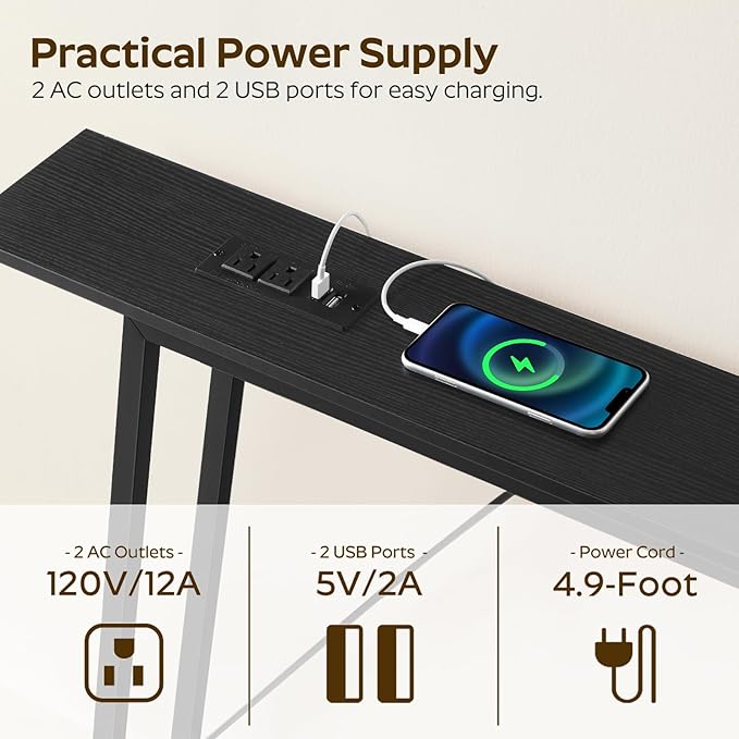 70.9" Couch Table Behind Sofa, Narrow Console Table with Outlet, Skinny Sofa Tables Narrow Long, Long Entryway Tables for Hallway, Entryway, Living Room, Black CT185UBB