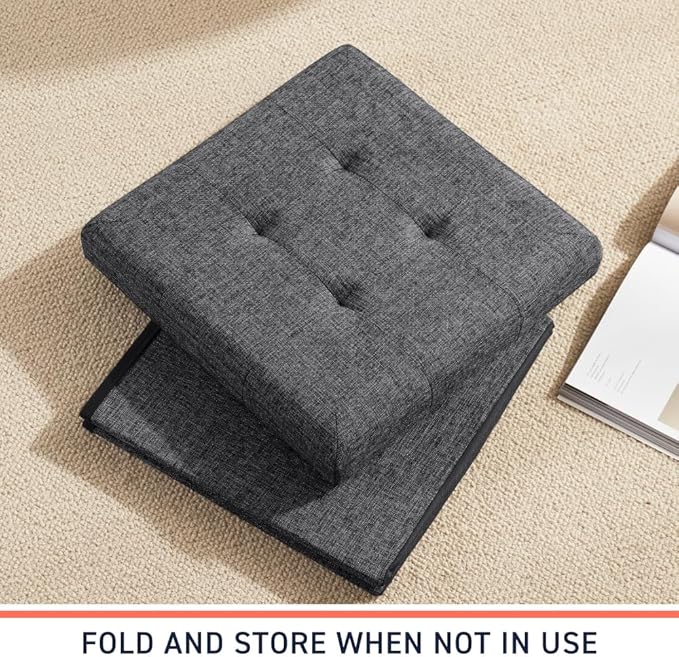Ornavo Home Foldable Tufted Linen Storage Ottoman Square Cube Foot Rest Stool/Seat - 15" x 15" x 15" (Charcoal)