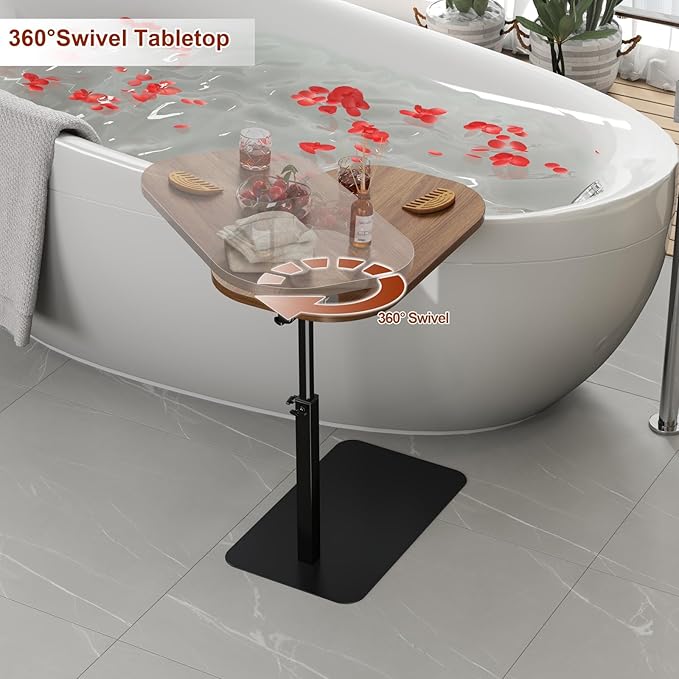 Solid Wood C Shaped Side Table for Sofa/Bed, Adjustable Height C Shaped End Table Metal Base, 360°Swivel/Flip Top Couch Tables That Slide Under, Small Spaces Laptop Stand Coffee Table (Walnut A)