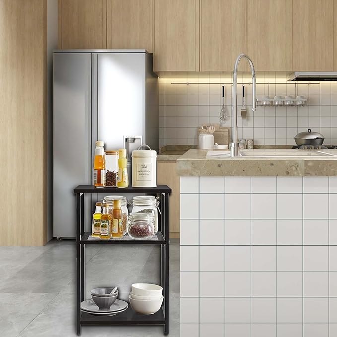 IBUYKE Side Table, 3-Tier End Table, Industrial Nightstand Small Table with Storage Shelf, for Bedroom, Living Room, Hallway, with Metal Frame, Black UTMJ403B