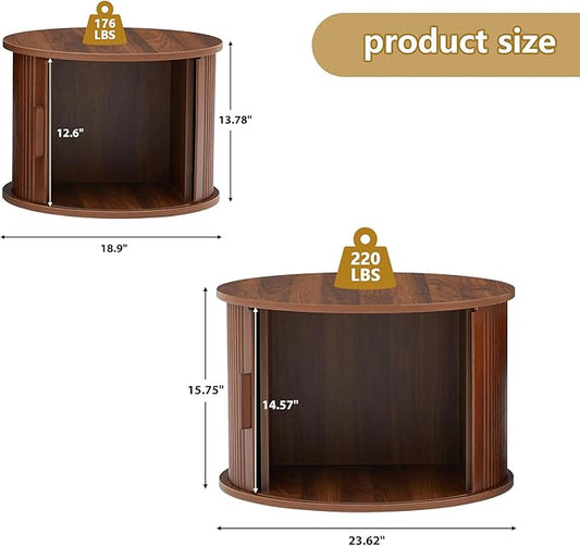 Round Coffee Table, 2 Piece Coffee Table Set with Storage Space and Sliding Door, Modern Fluted Coffee Side Table for Living Room, Office, Bedroom (Walnut)