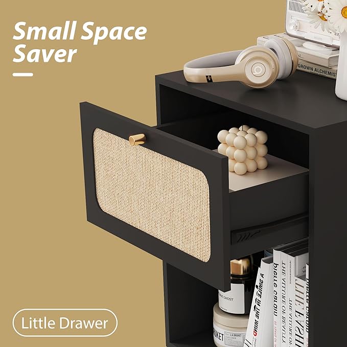 16" Wooden Night Stand with Drawer Linen Decor and Open Shelf, Modern Black Side Table, Small Bedside Table with Storage, Farmhouse Nightstand End Table for Bedroom Home Office, Living Room (Black)