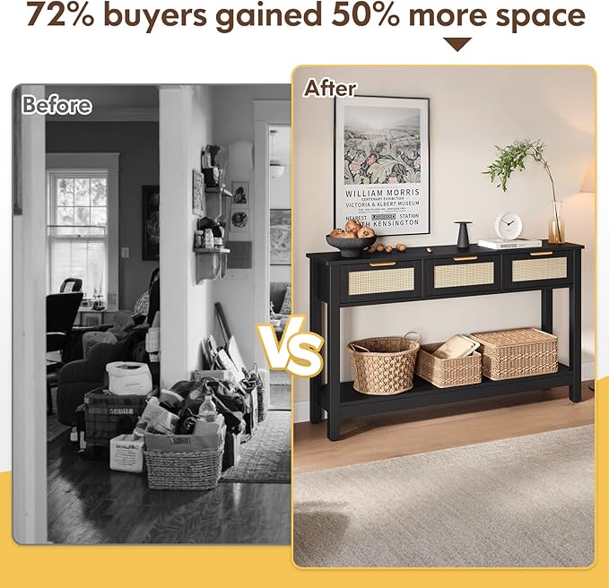 Luoxiao Entryway Console Table with 3 Rattan Drawers - Long Sofa Table Behind Couch Modern Fluted Hallway Living Room Storage Cabinet, Entry Table Open Shelf Foyer Furniture, Anti-Tip, Black, 47 Inch