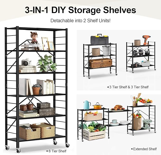 Himix 6 Tier Foldable Storage Shelves, Expandable Folding Bookshelf with Wheels, Changeable into 2 Shelf Units, Collapsible Adjustable Storage Rack Metal Shelves for Garage, Kitchen, Black