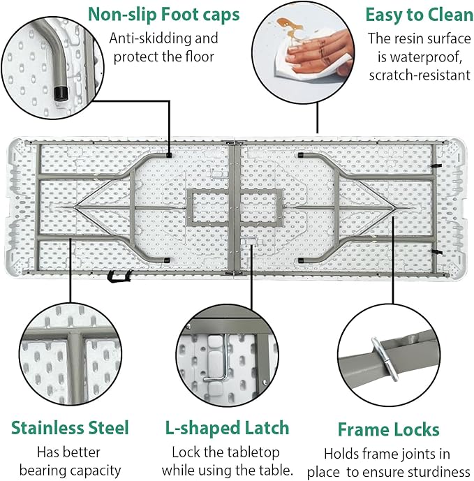 8 Foot Folding Table 96 inch Heavy Duty 8ft Plastic Portable Foldable Table with Handle Indoor Outdoor White 8' Dining Table for Picnic, Party and Camping