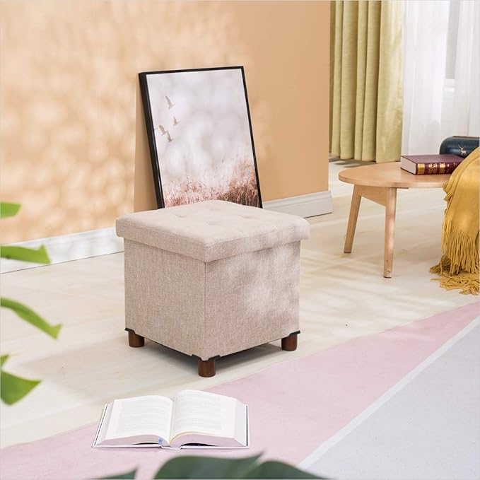15 Inch Storage Ottoman with Wooden Legs - Cube Foot Rest Stool, Square Footstool, Comfortable Seat with Lid, Foldable Fabric Ottoman, Space-Saving Beige