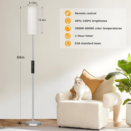 Ambimall 64'' Floor Lamps for Living Room with Remote Control and Stepless Dimmable Colors Temperature & Brightness, 9W Bulb Included(Beige Lampshade & Silver Pole)