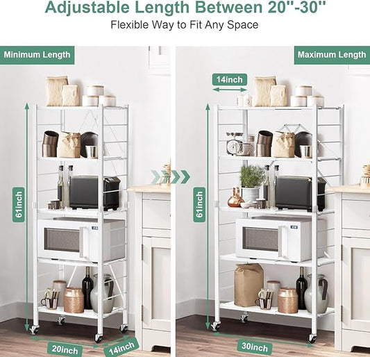 Himix 5 Tier Foldable Storage Shelves, Expandable Folding Pantry Shelf with Wheels, Changeable into 2 Shelf Units, Collapsible Storage Rack Metal Shelves for Kitchen, Room, Garage, White