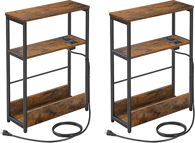 VASAGLE Side Tables with Charging Station, Set of 2 Narrow End Tables, 3-Tier Nightstands, Sofa Tables for Small Spaces, for Living Room, Bedroom, Study, Rustic Brown and Ink Black ULET664K01