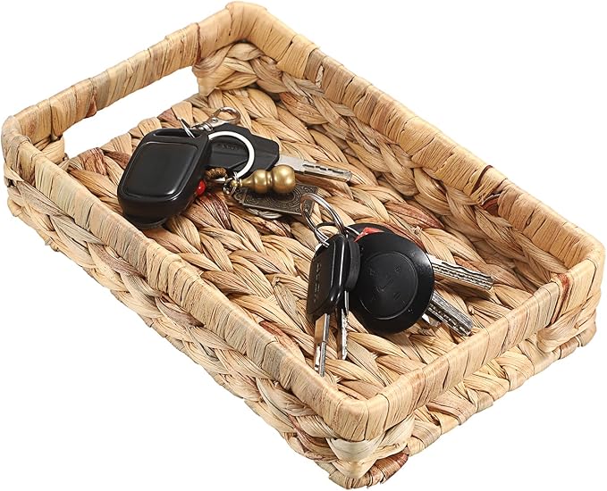 Hipiwe Small Keys Basket for Entryway Table Decorative Wicker Basket Tray Woven Organizer Baskets Water Hyacinth Snacks Fruit Serving Trays for Keys Wallet Cell Phone Candy Organizing, 9.8"x6.3"